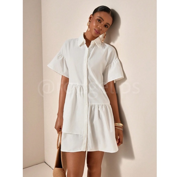 White Ruffle Asymmetrical Dress Short Sleeve Button Down - Picture 2 of 8